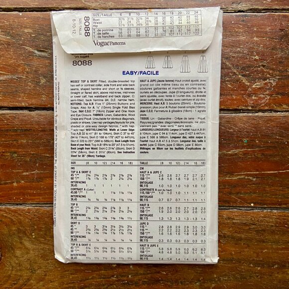 VOGUE Vintage 80s Double Breasted Top Skirt DYNASTY 8088 Pattern Uncut 8-10-12 - Picture 3 of 4